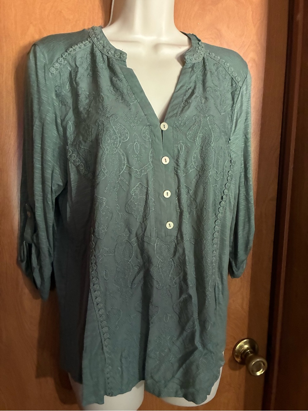 Women's Green Embroidered Button-Front Tunic Cottagecore